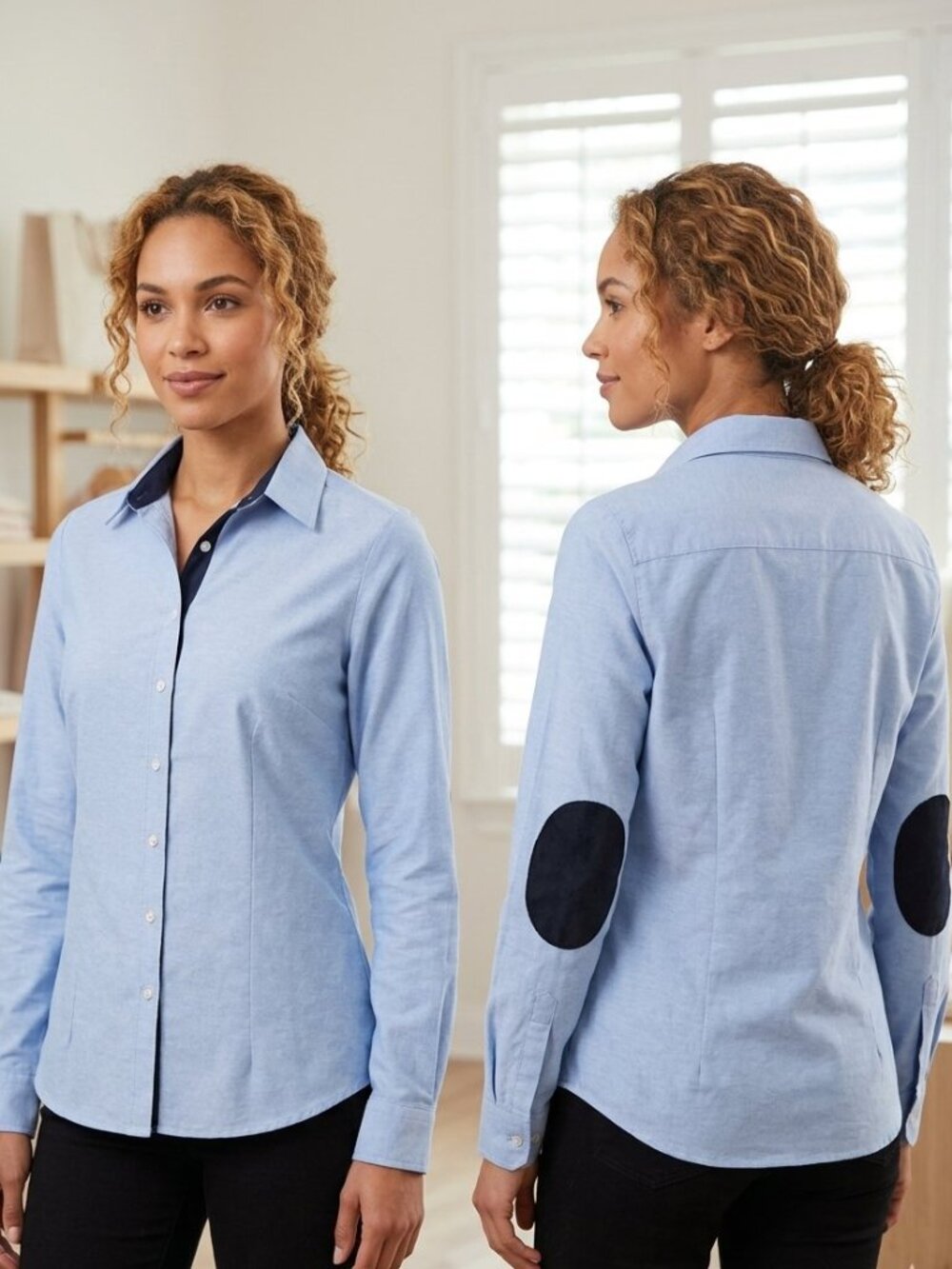 Light Blue Button Down Shirt with Dark Collar & Elbow Patches Size S